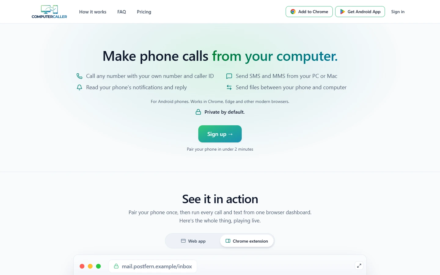 Skjermbilde av computercaller.com: ComputerCaller lar deg ringe fra datamaskinen med ditt eget nummer, sende SMS og MMS og svare på varsler fra mobilen. Tjenesten er laget for Android-telefoner.